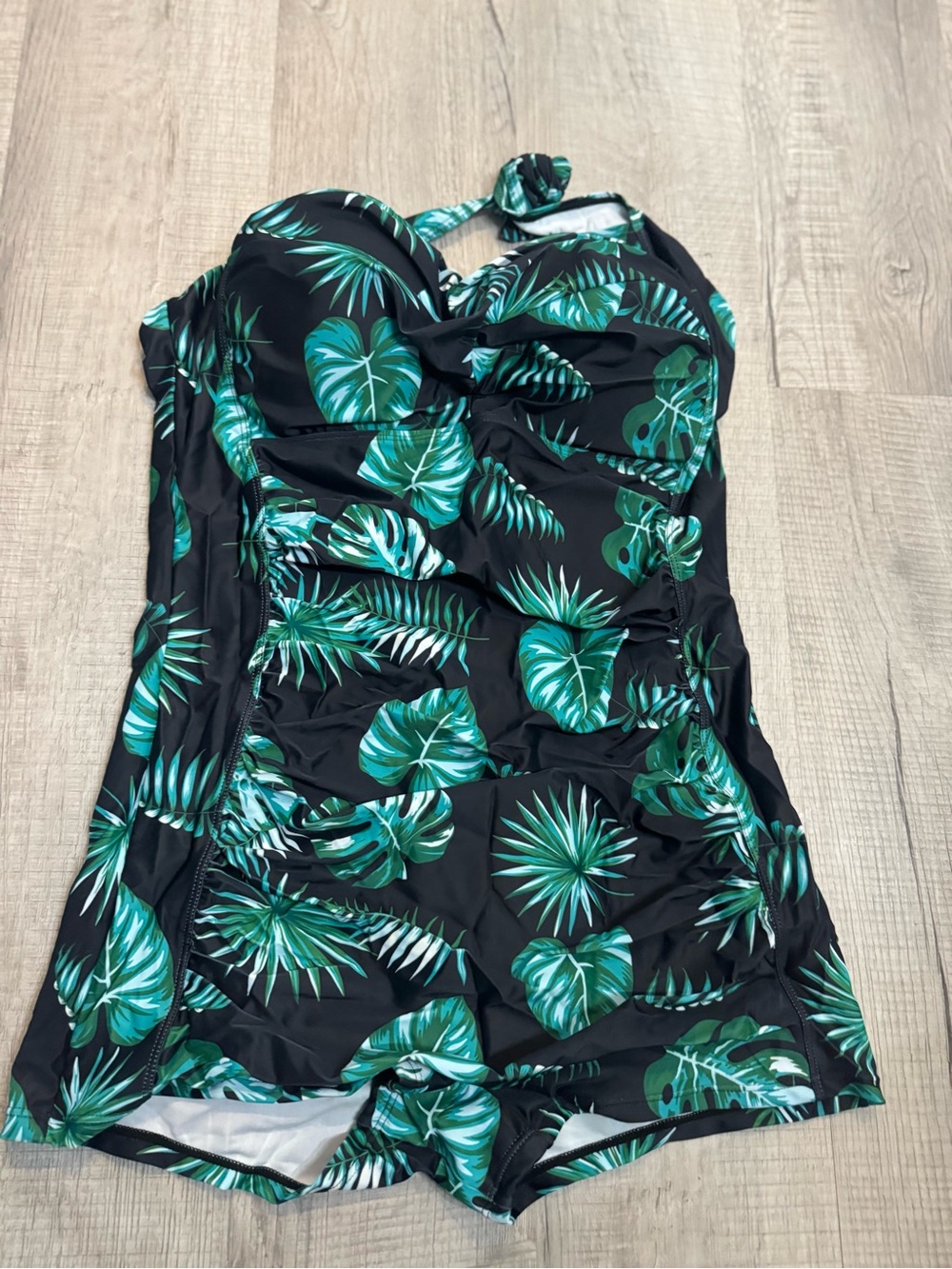 Black One-Piece Swimdress with Green Tropical Leaf Print